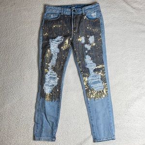 sequin Gold Denim  jeans denim distressed ripped Size 28 Litz